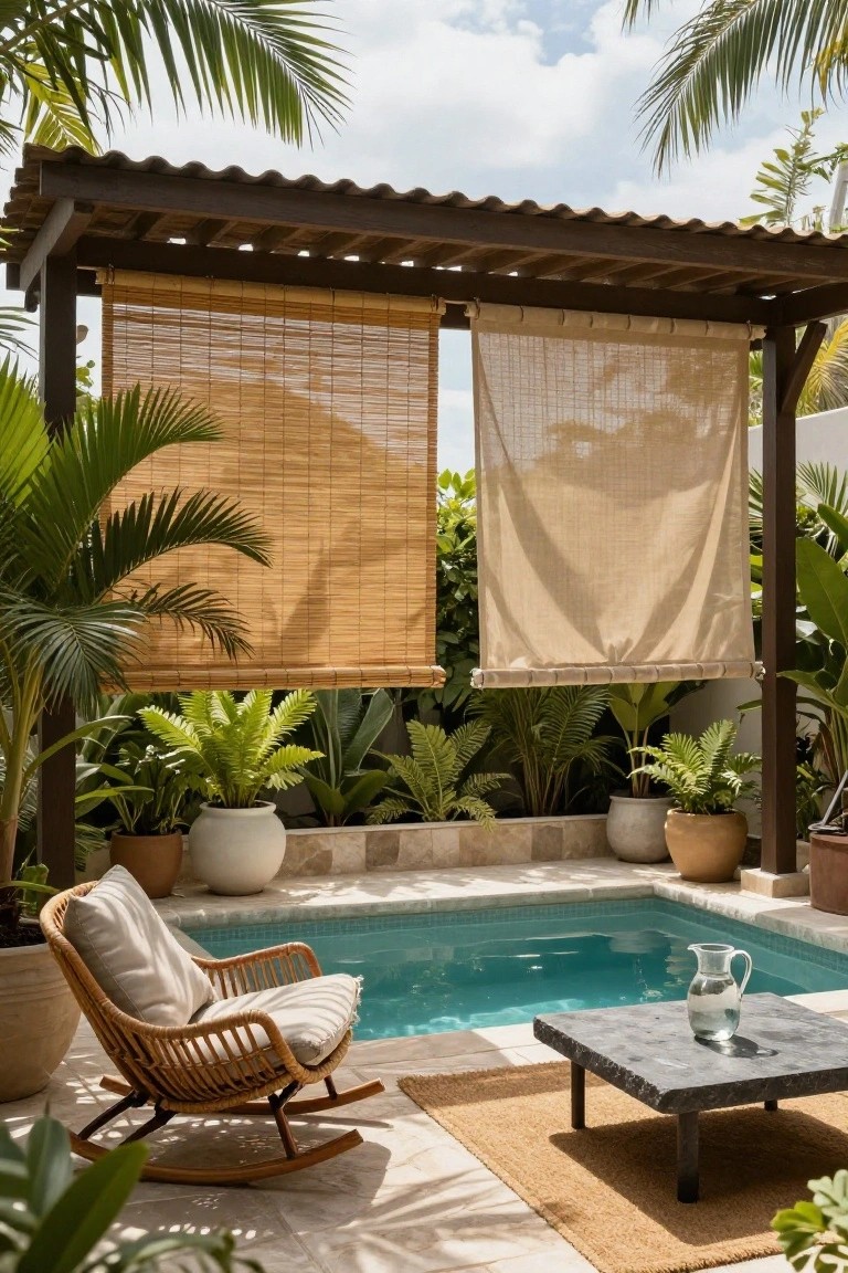 Small turquoise pool under wooden pergola with hanging bamboo blinds and beige fabric panels, surrounded by potted tropical plants, rattan rocking chair, and low stone table with glass pitcher.