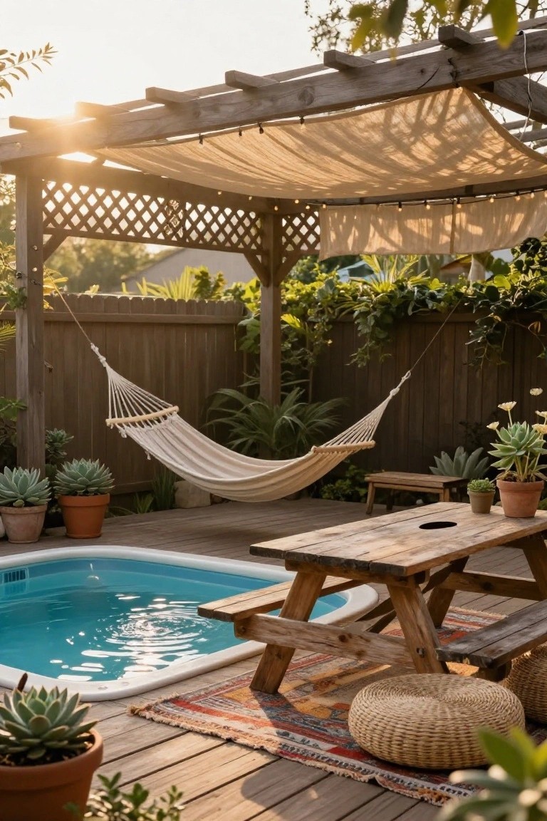 Wooden pergola with draped beige fabric shading a small turquoise above-ground pool on a deck, with a hammock, picnic table, potted succulents, woven poufs, and a wooden fence in golden sunlight.
