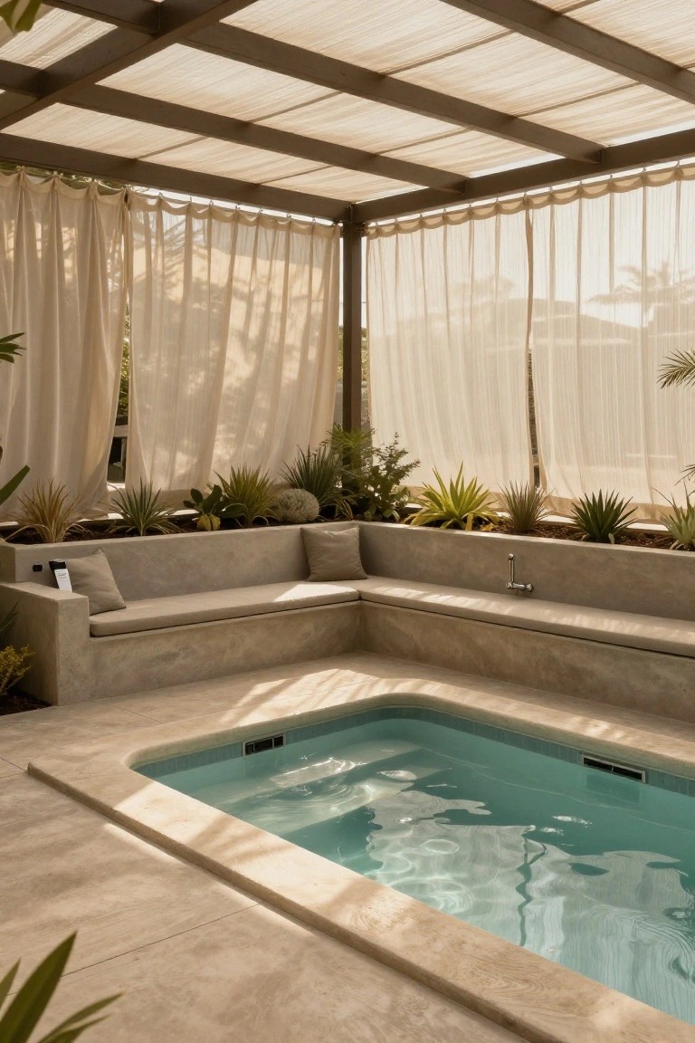Small turquoise plunge pool surrounded by beige concrete built-in benches with cushions, lush plants, and flowing sheer beige curtains under an open pergola with draped fabric roof.