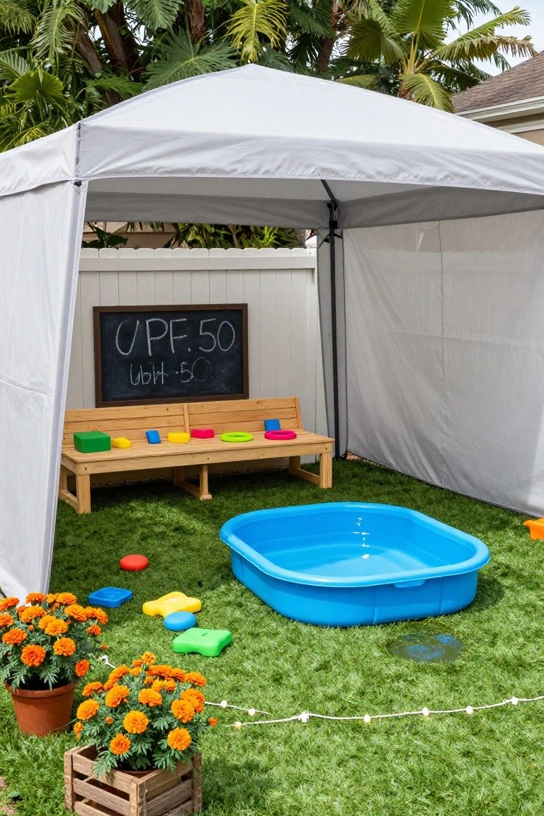 White pop-up canopy tent over a blue kiddie pool in a grassy backyard, with wooden bench holding colorful toys, potted orange flowers, and chalkboard sign reading SPF 50 against a white fence.
