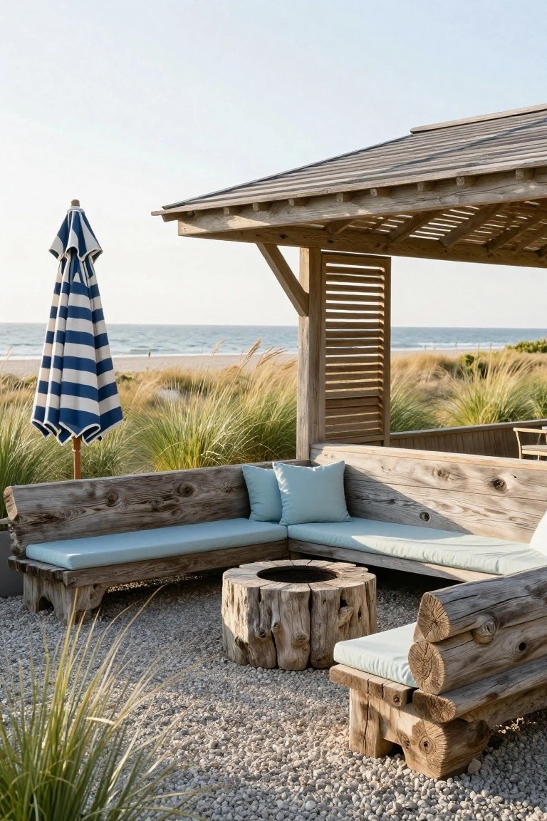 Wooden pergola with slatted roof covering L-shaped driftwood benches and stump fire pit table on gravel patio, blue and white striped beach umbrella nearby, beach grass and ocean in background.