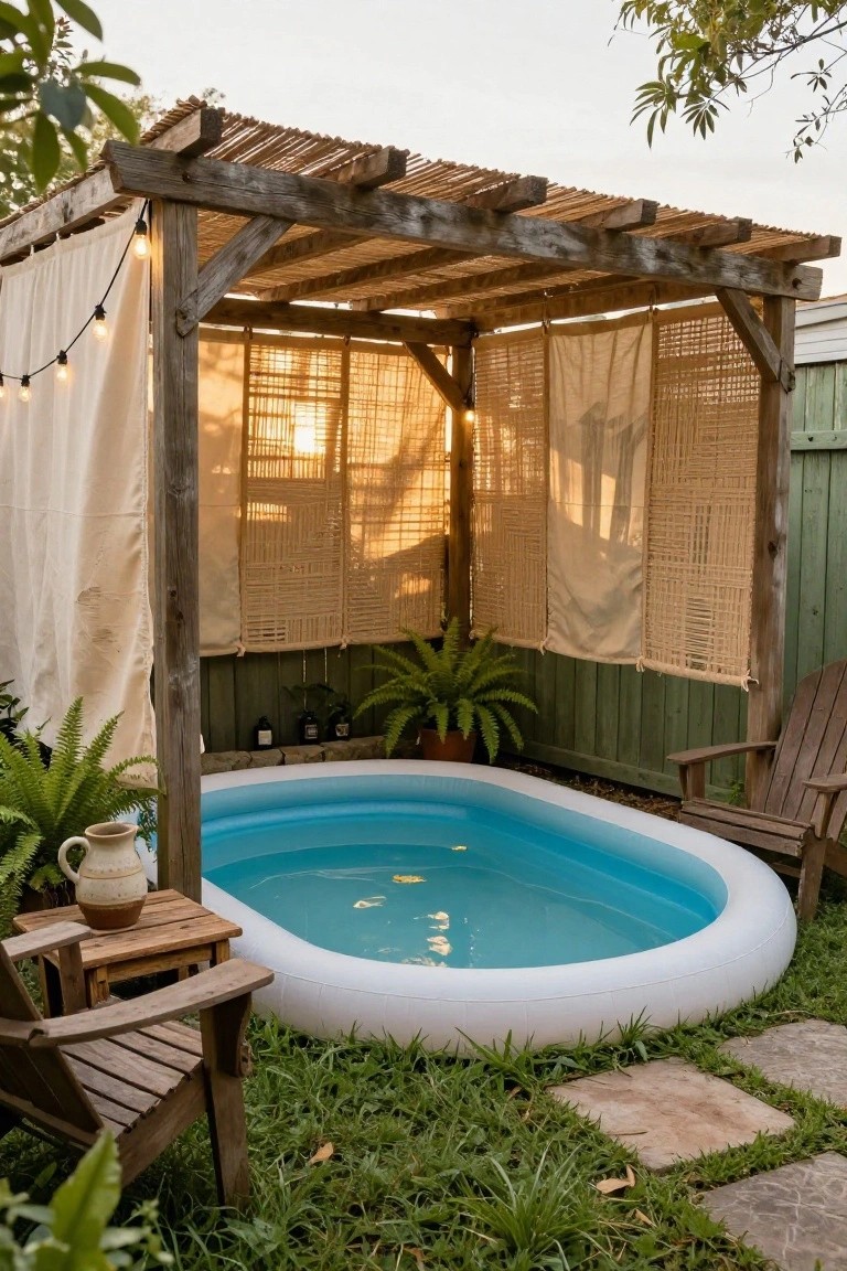 A light blue inflatable kiddie pool centered under a wooden pergola with white draped curtains, bamboo screens, string lights, wooden chairs, plants, and a green fence in a grassy backyard.