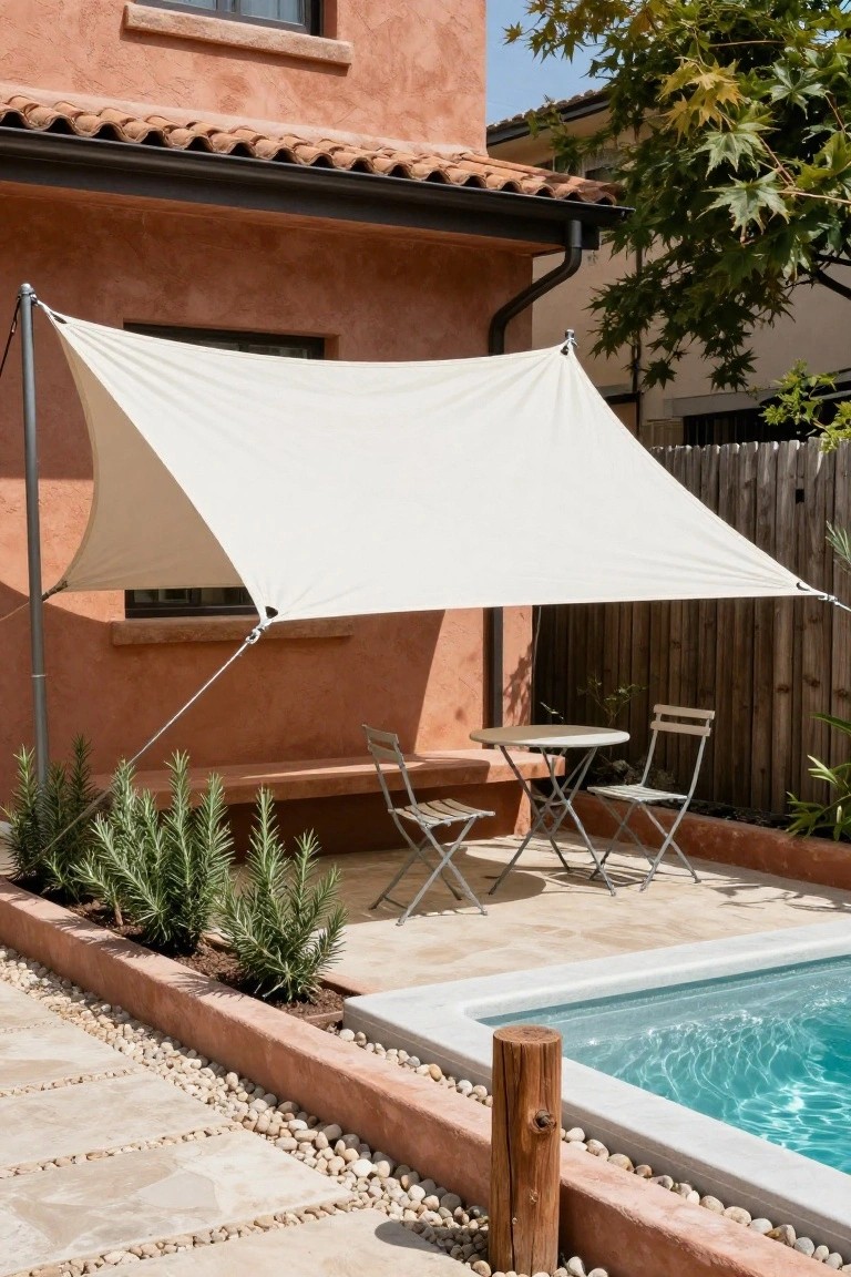 White triangular shade sail extended over a small round table and two folding chairs on a tiled patio beside a rectangular in-ground pool, with rosemary plants in a raised border, pebble ground cover, and a terracotta house wall nearby.