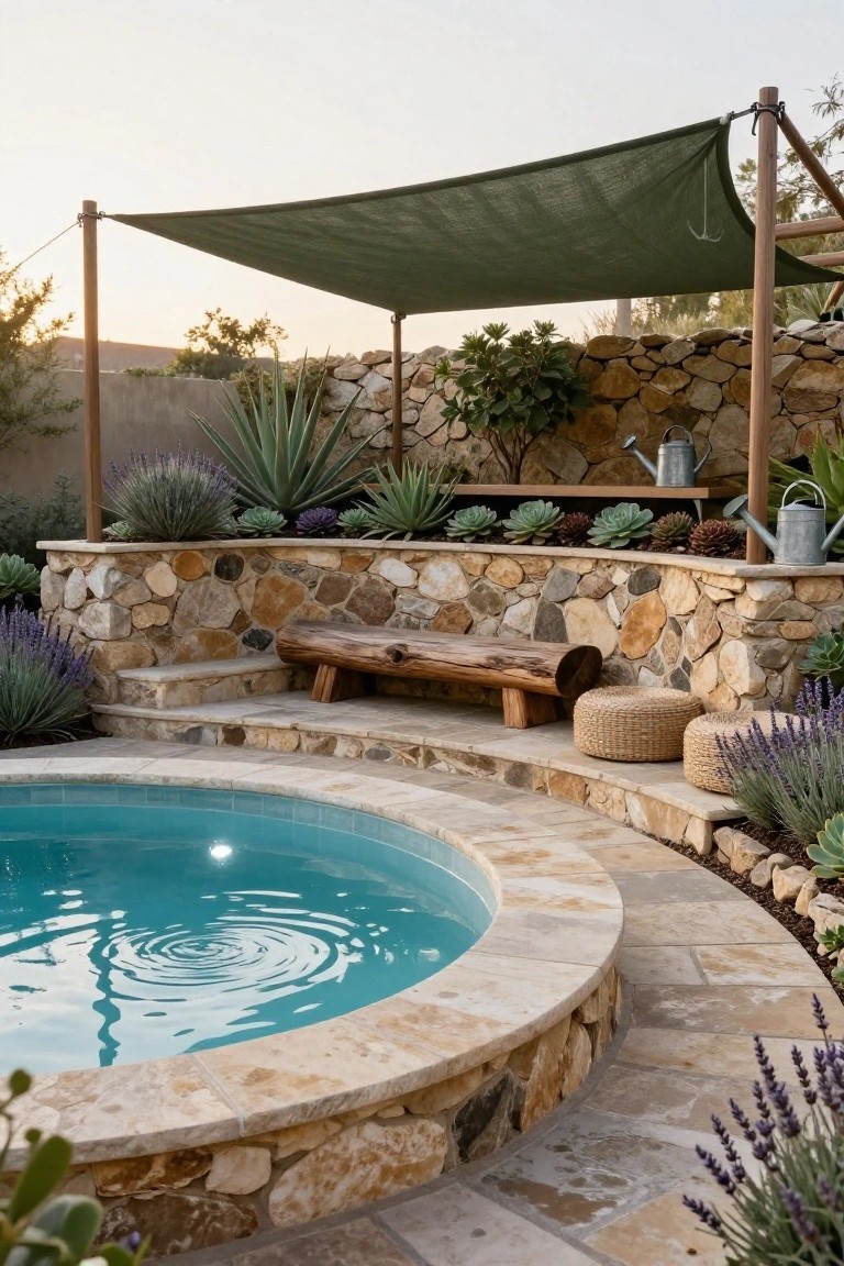 Round turquoise pool edged in beige stone, shaded by green fabric sail on wooden poles, with wood bench, woven poufs, stone steps, and drought-tolerant plants nearby.