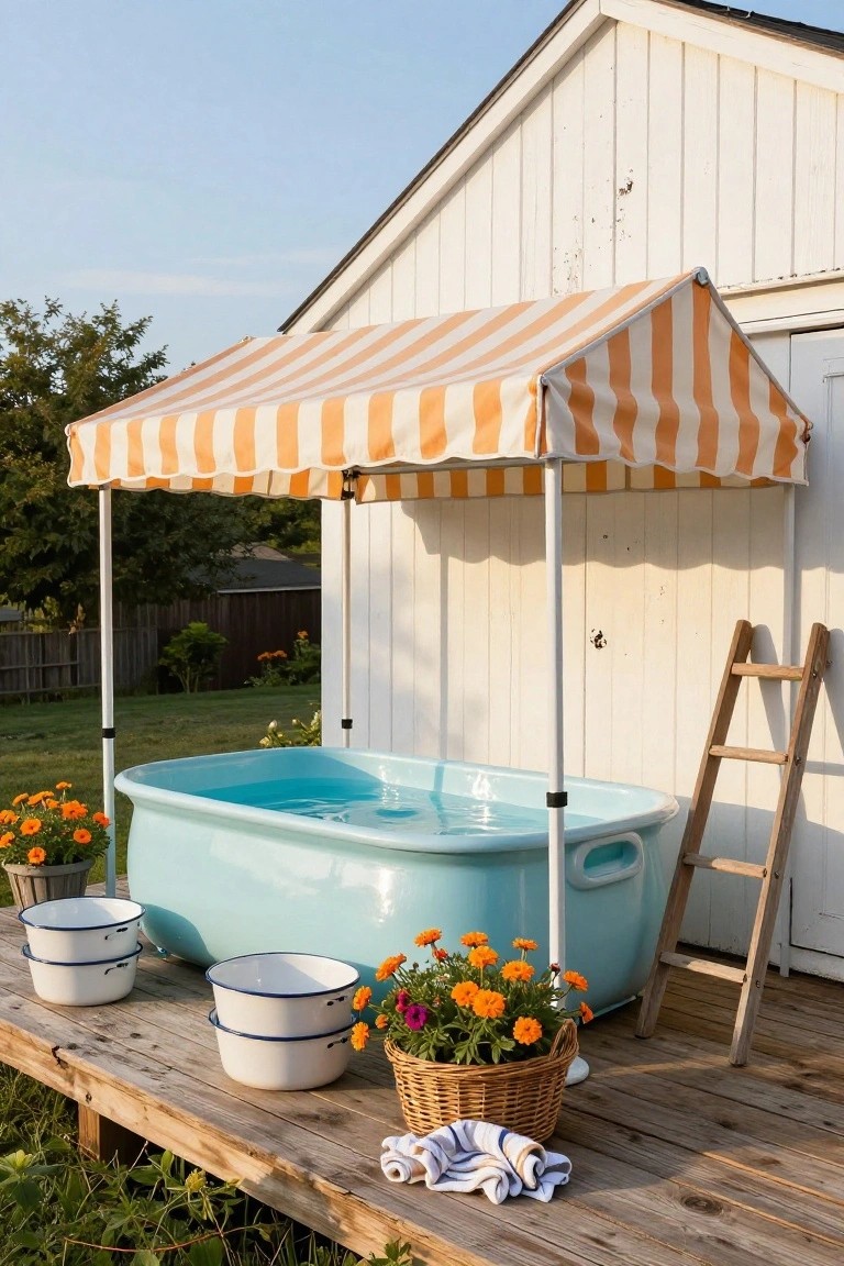 Blue kiddie pool filled with water on a wooden deck under an orange-and-white striped canopy next to a white shed, with a wooden ladder, potted orange flowers, enamel buckets, and towels.