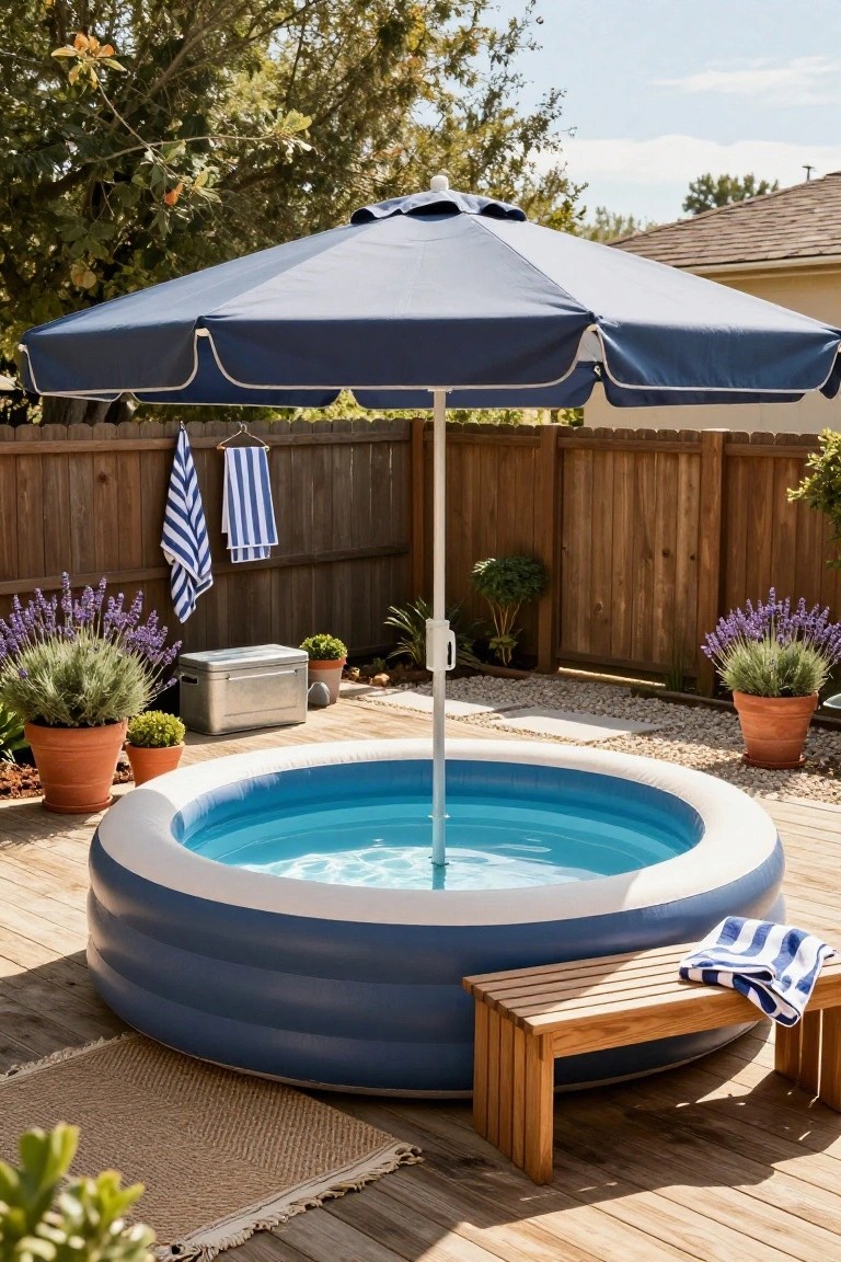Blue inflatable kiddie pool on a wooden deck under a large navy blue market umbrella, surrounded by potted lavender plants, hanging towels on a wooden fence, a metal cooler, and a wooden bench with striped towel.