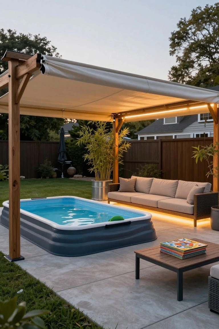 Wooden pergola with beige fabric canopy shading a blue inflatable kiddie pool on a concrete patio, next to a beige outdoor sofa, plants, and fencing in a backyard at dusk.