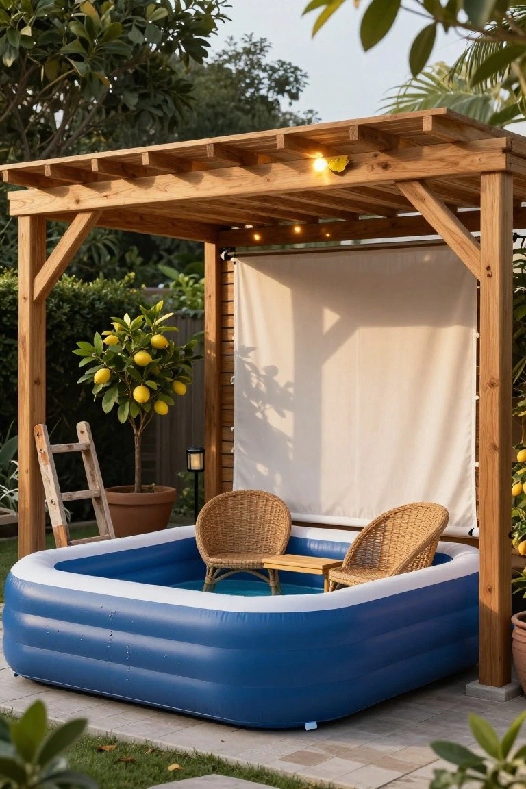 Wooden pergola with slatted roof and white side curtains sheltering a blue inflatable kiddie pool containing two wicker chairs and a small table, next to potted lemon trees on a paved patio surrounded by greenery.