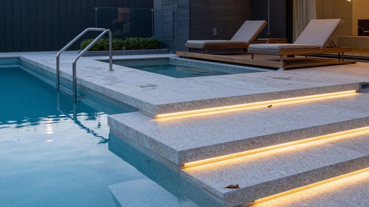 Pool stairs made of light beige stone with thin white LED lights glowing from beneath each riser, next to turquoise pool water, beige stone decking, wooden lounge chairs, glass railing, and greenery.