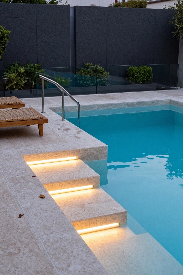 21 Helpful Pool Stairs Lighting Ideas That Guide Each Step Pool stairs made of light beige stone with thin white LED lights glowing from beneath each riser, next to turquoise pool water, beige stone decking, wooden lounge chairs, glass railing, and greenery.