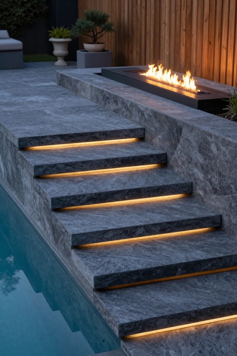 21 Helpful Pool Stairs Lighting Ideas That Guide Each Step Gray stone stairs leading into a turquoise pool with thin strips of warm yellow LED lights recessed along the front edge of each step, beside a black linear gas fire pit on a paved patio with plants and a wooden fence.