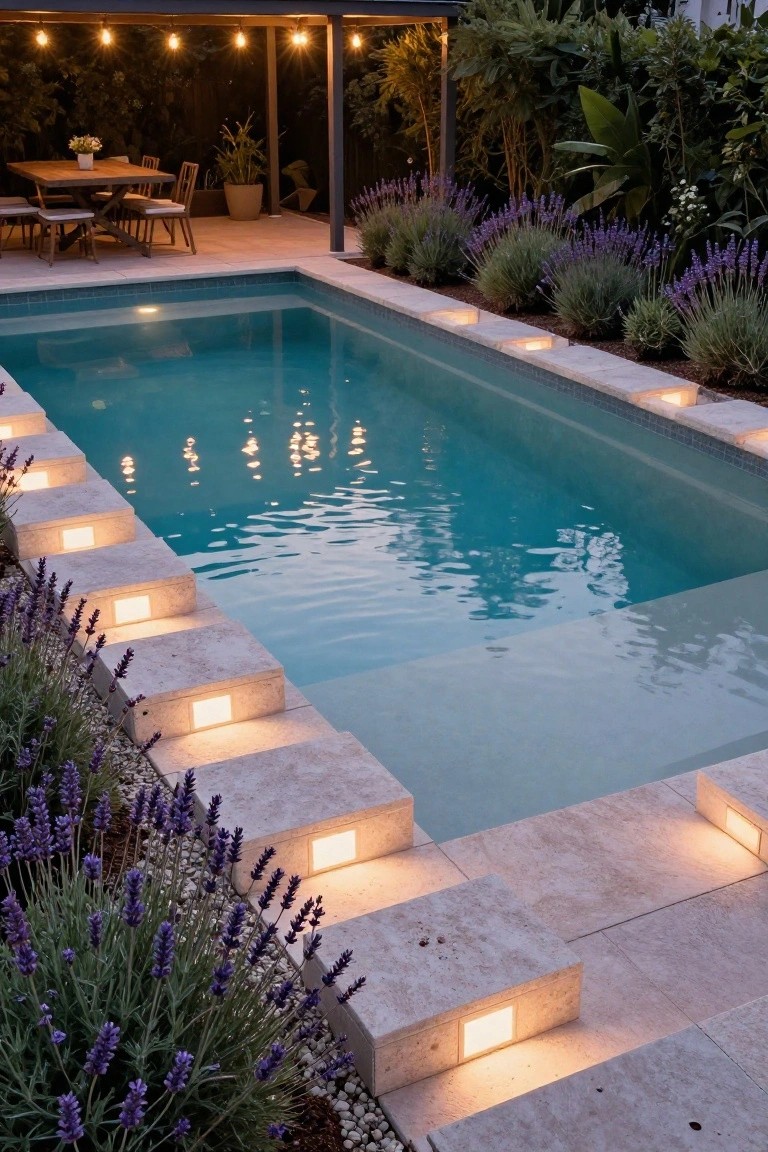 21 Helpful Pool Stairs Lighting Ideas That Guide Each Step A rectangular pool at dusk with beige stone stairs along one edge, each step lit by recessed white lights, bordered by lavender plants and gravel, wooden dining table under pergola nearby.