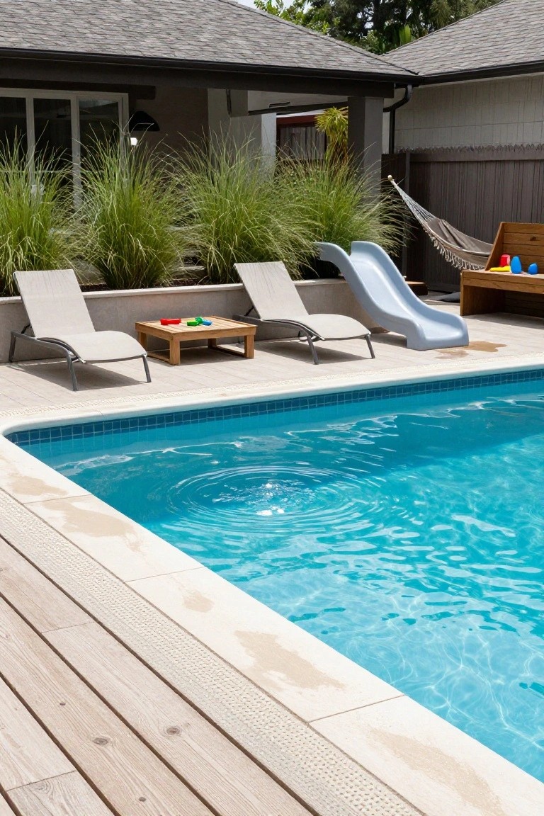 Corner view of an inground pool with clear blue water and ripples, adjacent wooden deck, two beige lounge chairs, wooden coffee table with red and yellow toys, blue plastic slide entering the pool, potted tall grasses, and hammock in the background.