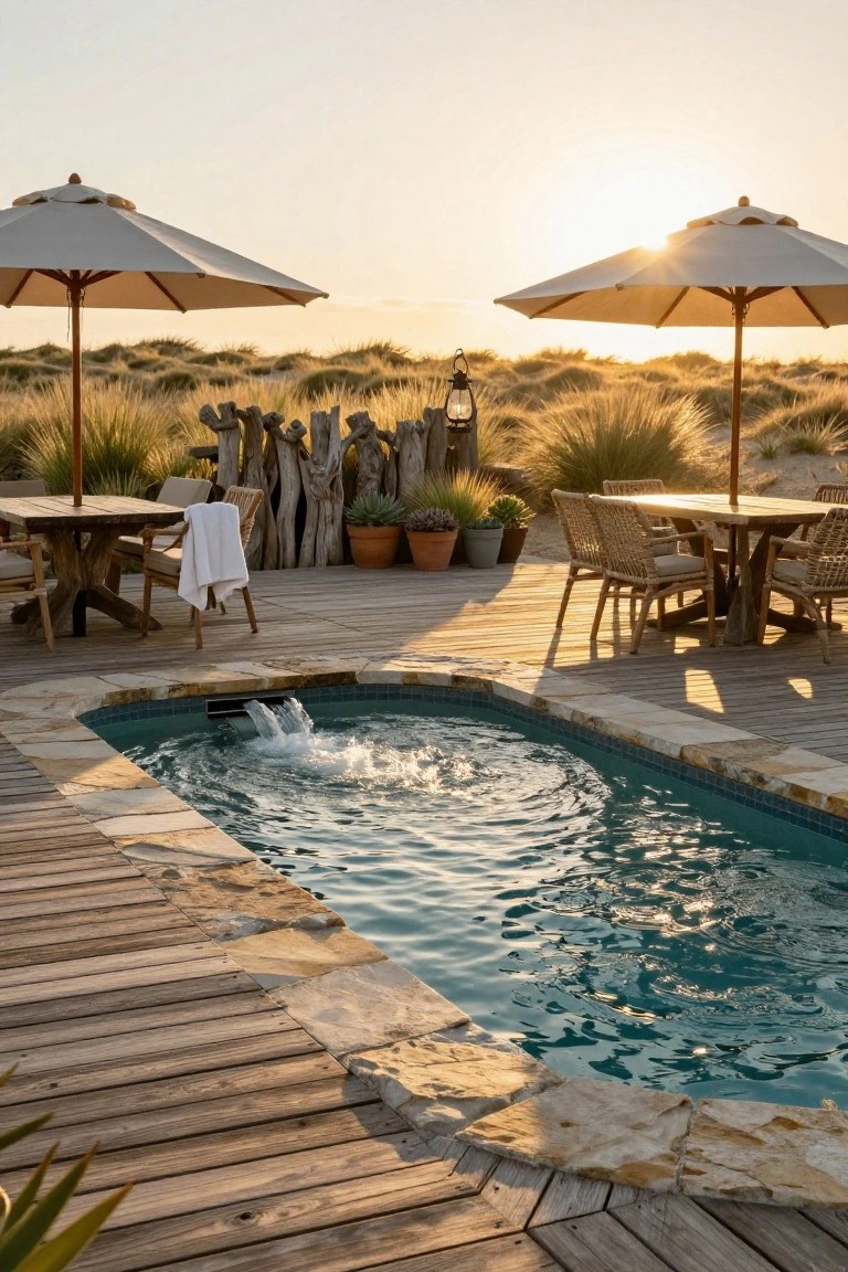 Turquoise inground pool with bubbling water jets embedded in a wooden deck surrounded by wooden tables and chairs, beige umbrellas, potted plants, driftwood, and tall beach grasses near sand dunes at sunset.