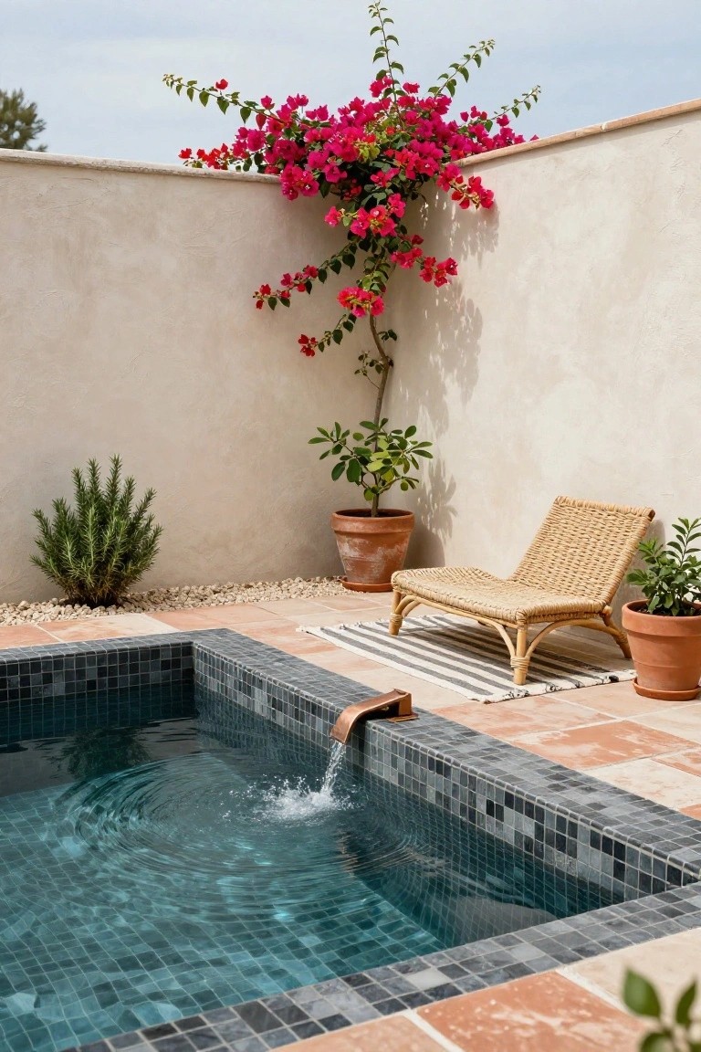 Small rectangular inground pool with dark mosaic tiles and water cascading from a wall-mounted bronze spout, next to a woven rattan lounge chair, potted plants, and pebble groundcover in a white-walled outdoor courtyard.