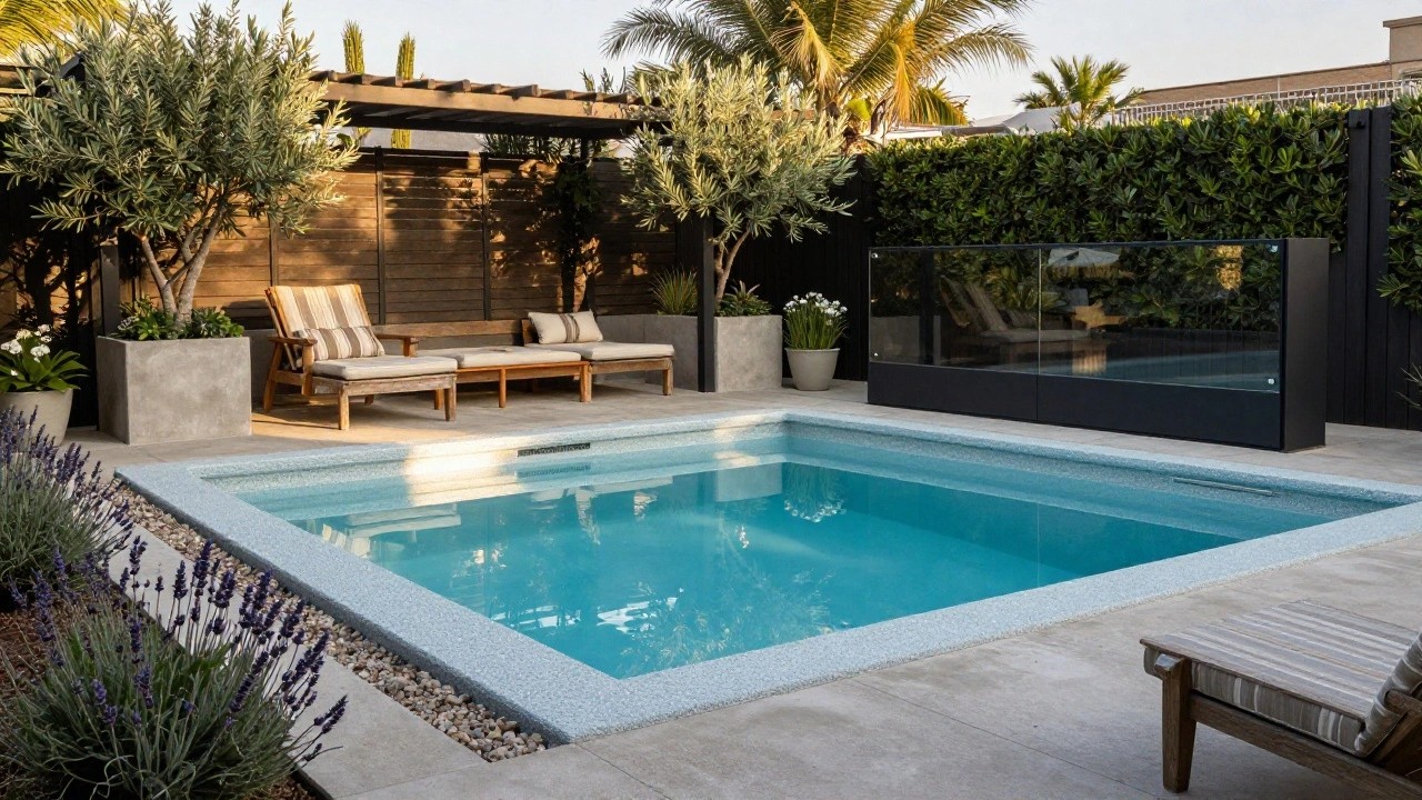 Backyard inground pool with clear glass fencing, timber daybed lounger with gray and white striped cushions, olive tree in concrete planter, lavender plants, and concrete pavers.
