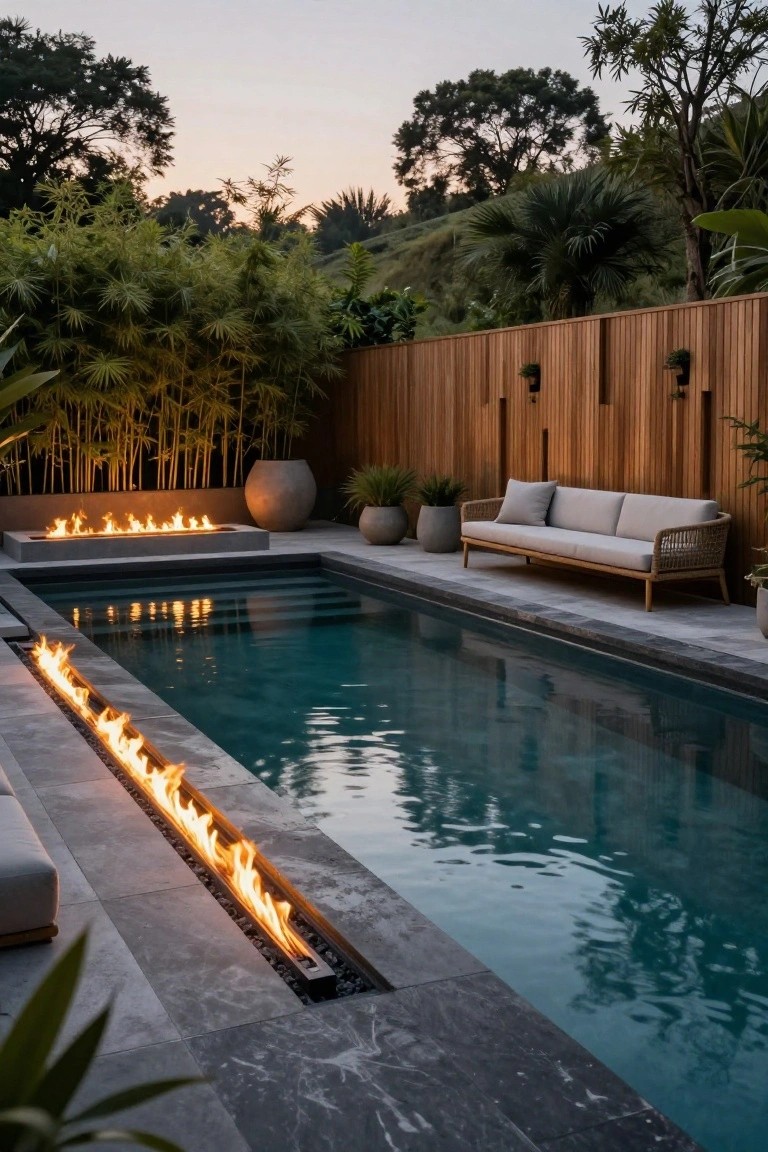 Narrow inground pool with linear gas fire feature embedded along one edge in gray stone decking, wooden fence with bamboo plants behind, potted plants, and beige rattan sofa nearby at dusk.