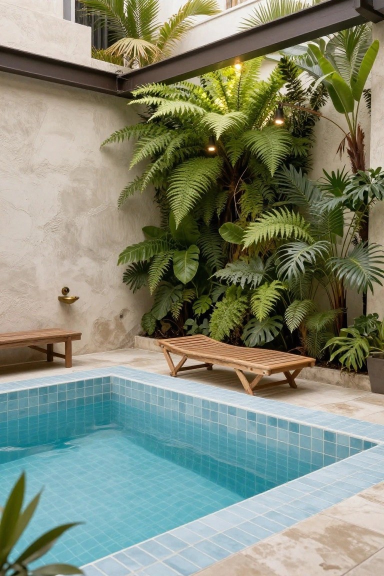 A small square inground pool with light blue tiles in a courtyard, surrounded by dense tropical plants like ferns and palms on beige stucco walls, with wooden lounge chair and bench nearby.
