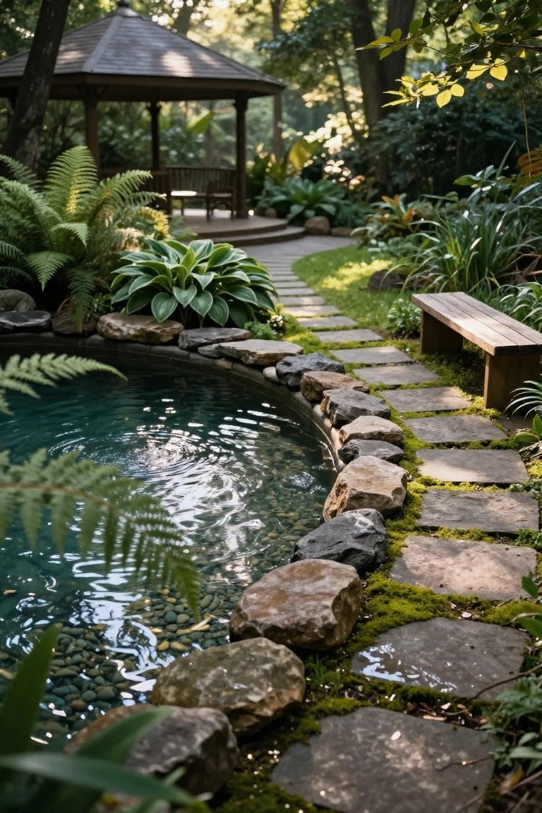 Curved inground pool with natural rock and boulder edging, mossy stone stepping path, ferns, hostas, wooden bench, and gazebo in a lush green backyard.