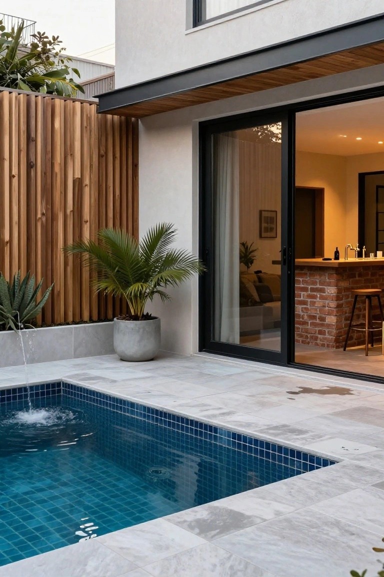 Small rectangular inground pool with blue mosaic tiles and central bubbling fountain in a paved courtyard next to a modern house with open sliding glass doors revealing a kitchen, flanked by timber slat fencing and potted plants including a palm and agaves.