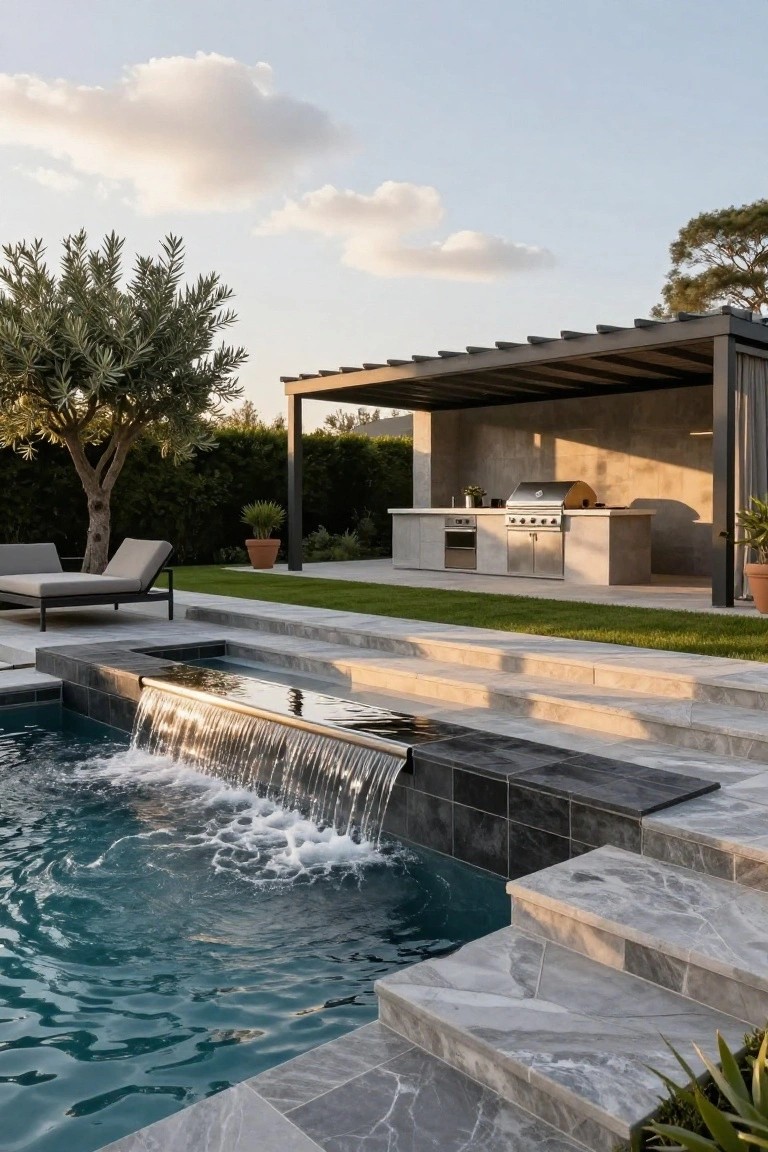Backyard inground pool with turquoise water and a raised black-tiled ledge featuring a waterfall spilling over into the pool, gray stone steps leading down, grass lawn, outdoor kitchen under a covered pergola, olive tree, and potted plants.