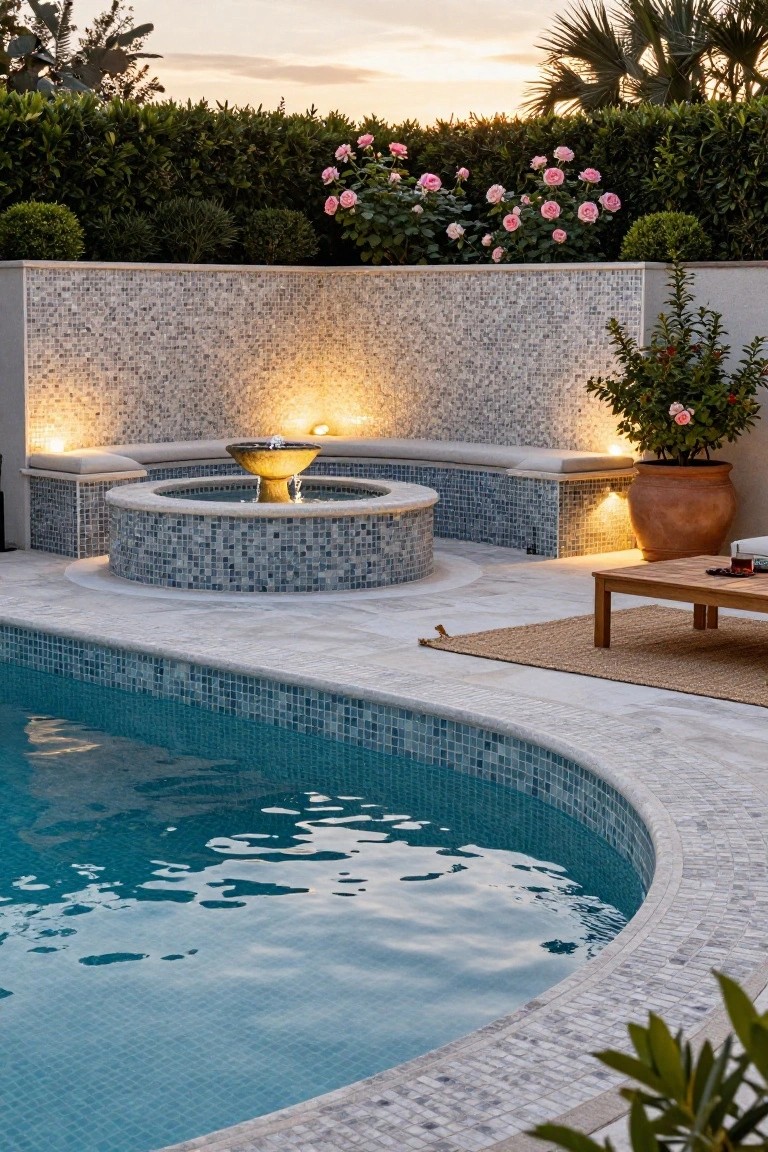 Curved mosaic-tiled fountain with built-in bench seating next to an inground pool with matching tile edge, surrounded by hedges, potted plants, and a wooden table on a patio at dusk.