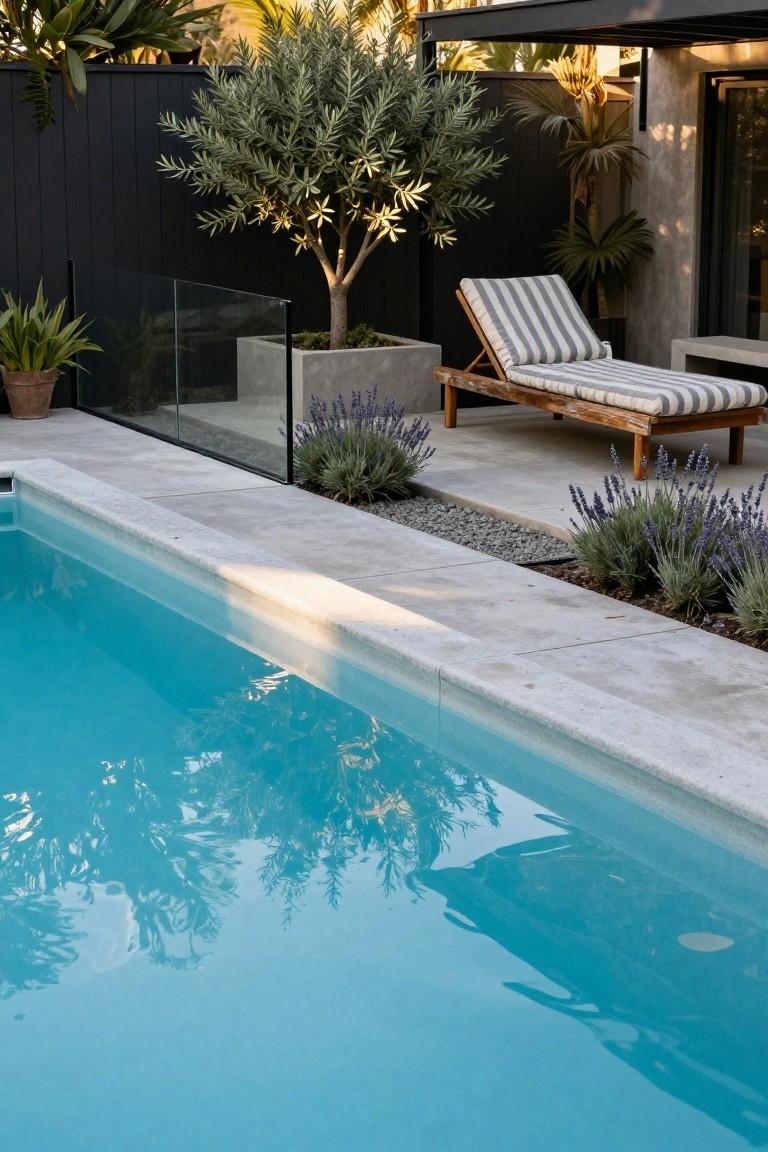 Backyard inground pool with clear glass fencing, timber daybed lounger with gray and white striped cushions, olive tree in concrete planter, lavender plants, and concrete pavers.