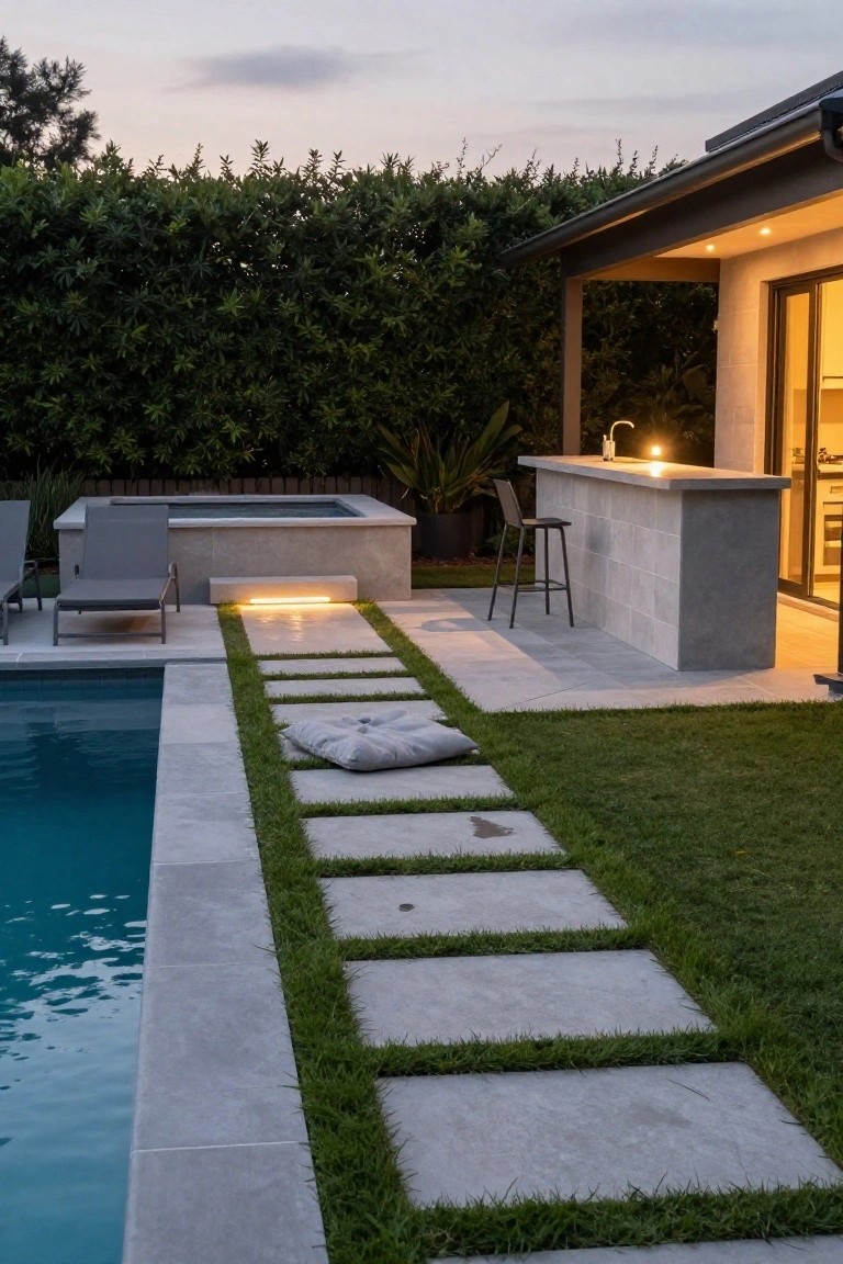 Dusk-lit backyard with turquoise inground pool, adjacent spa tub with gray lounge chairs, gray square paver path recessed in grass strips leading to stone outdoor bar and stools near modern house kitchen.