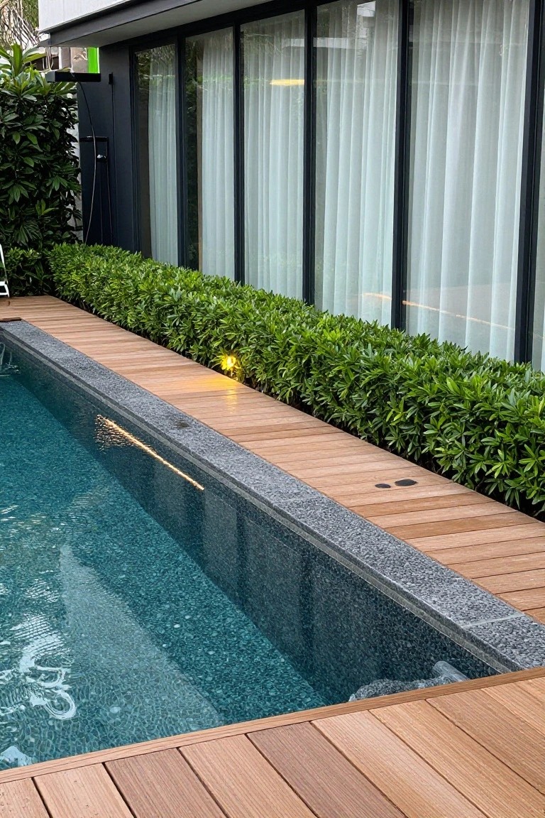Inground pool with turquoise mosaic tiles and black stone coping, adjacent light wood deck pathway lined with low green boxwood hedges, and modern house facade with large glass windows and sheer curtains.