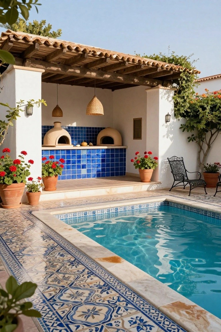 White stucco outdoor kitchen with two tan clay wood-fired ovens and blue tiled backsplash under a wooden pergola beside an inground turquoise pool edged in blue and white patterned tiles, with potted red geraniums and climbing vines.