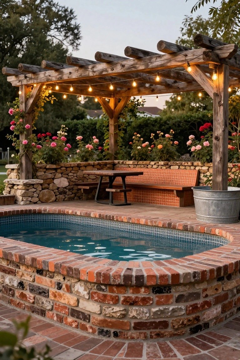Rustic wooden pergola with string lights over a turquoise inground pool edged in brick and stone, next to a picnic table, wooden bench on tiled wall, metal bucket planter, and climbing roses on posts.