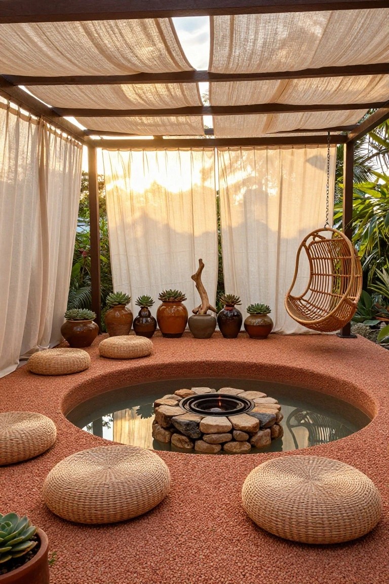 Outdoor pavilion with wooden frame and sheer white curtains enclosing a terracotta pebble floor area that features a central circular sunken fire pit surrounded by shallow water, multiple woven floor cushions, potted succulents, and a hanging rattan swing.