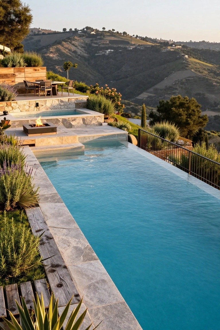 Terraced infinity edge swimming pool with stone surround, adjacent spa and fire pit, wooden decking, lavender plants, and distant hillside views at dusk.