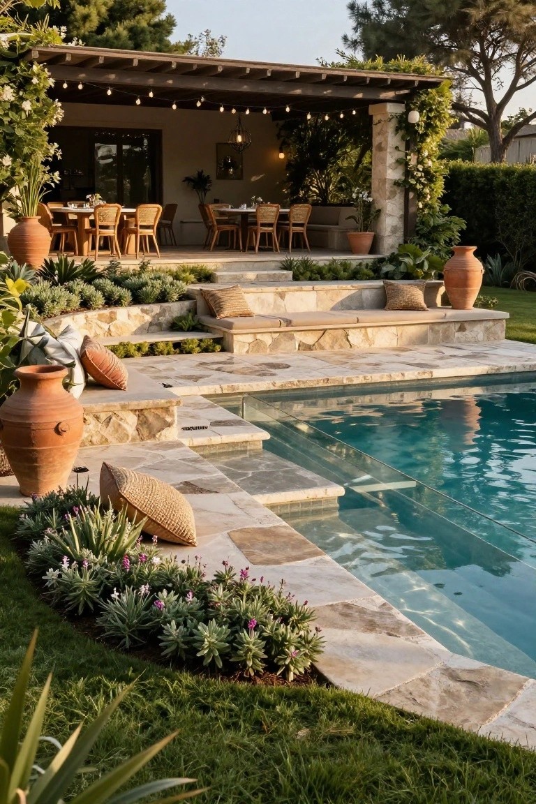 Terraced stone steps with beige cushions and terracotta pots leading to an inground pool, next to a covered outdoor dining area with wooden furniture and string lights.