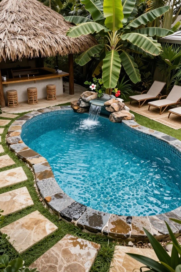 Curved turquoise mosaic-tiled inground pool with rock waterfall feature, adjacent thatched-roof bar with woven stools, lounge chairs on grass, tropical plants, and stone pathways in a backyard.