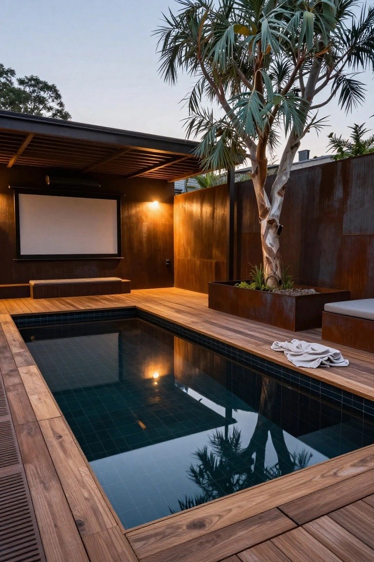 Small rectangular inground pool with dark green-blue tiles surrounded by light wood decking, corten steel walls, a central palm tree in metal planter, projection screen on wood-clad wall, benches, and a lounger with white towel at dusk.