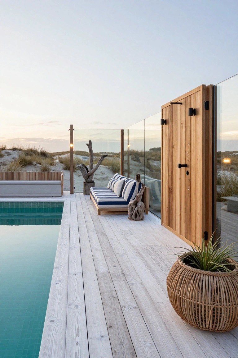 21 Inspiring Pool Deck Makeover Ideas You’ll Want to Try This Summer Wooden pool deck with whitewashed planks adjacent to a turquoise-tiled pool, blue-striped bench cushions, teak bench, woven basket plant, wooden slatted doors with glass panels, and beach dunes visible beyond glass fencing.