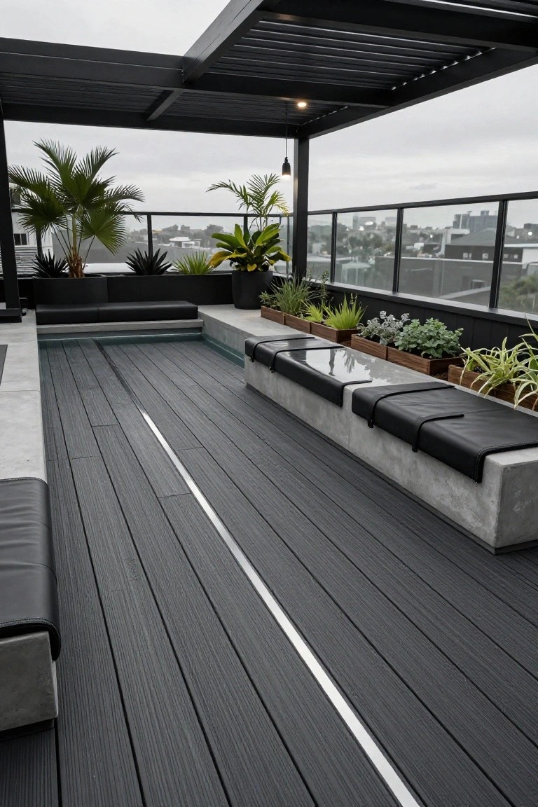 21 Inspiring Pool Deck Makeover Ideas You’ll Want to Try This Summer Rooftop deck with dark wood planks, a narrow central pool, concrete benches topped with black cushions, potted plants along the edges, black metal pergola overhead, and glass railing with cityscape beyond.