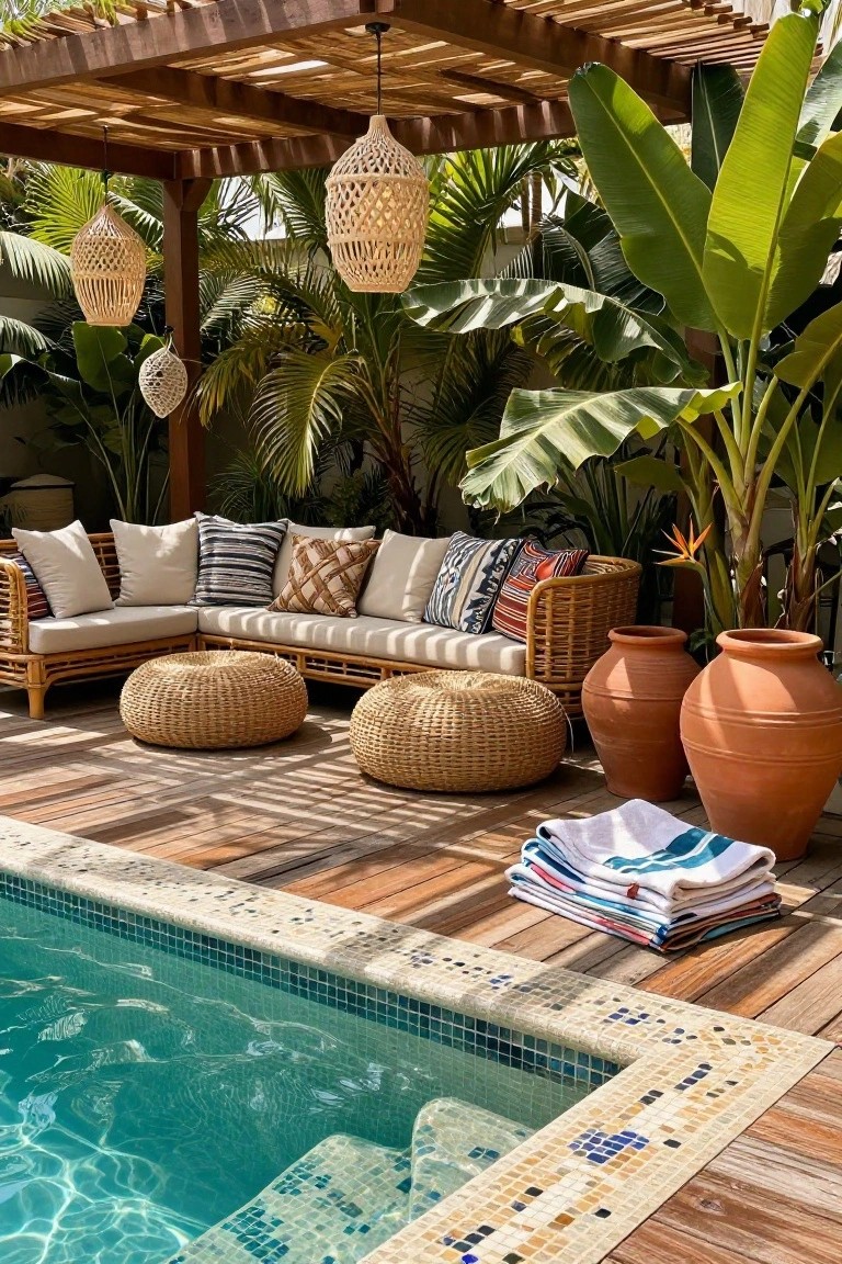 Pool deck under wooden pergola with rattan L-shaped sofa, patterned cushions, woven poufs, tropical plants, large terracotta pots, stacked towels, and turquoise mosaic pool edge.