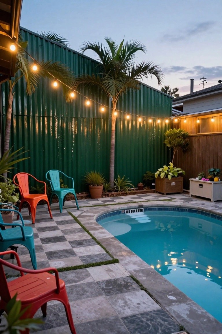 21 Inspiring Pool Deck Makeover Ideas You’ll Want to Try This Summer Backyard pool deck at dusk featuring a curved blue pool, checkered gray stone tiles, orange and turquoise metal chairs, string lights over a palm tree, green corrugated metal fence, and potted plants.