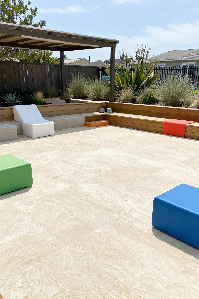 21 Inspiring Pool Deck Makeover Ideas You’ll Want to Try This Summer Pool deck with light beige rectangular pavers, colorful cube seats in green, blue, and white, a white slanted lounge chair, wooden benches with red and orange cushions, and raised planters with grasses and agaves around the edges.