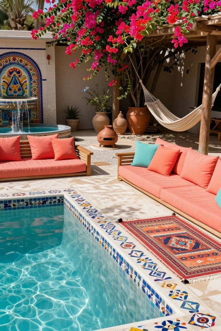 Turquoise pool with colorful mosaic tile borders along the edge and steps, wooden benches with orange and teal cushions positioned alongside, matching tiled fountain, hammock, terracotta pots, and bougainvillea vines overhead.