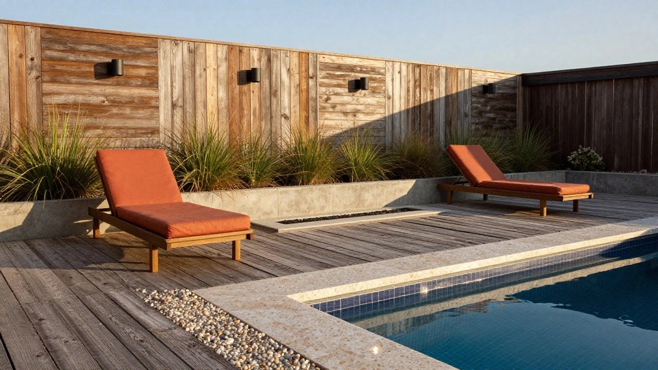 Wooden deck with two orange loungers positioned near a pool with stone coping, grasses in concrete planters, and a modern house in the background.