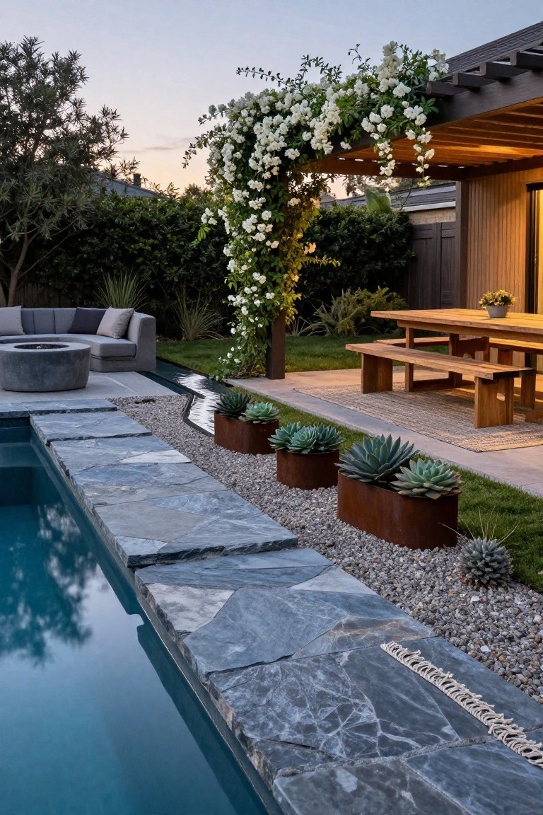 21 Inspiring Pool Deck Makeover Ideas You’ll Want to Try This Summer Pool deck with large irregular gray stone slabs along the edge of turquoise pool water, bordered by white pebbles and gravel with three rectangular corten steel planters holding agave succulents, adjacent fire pit seating, wooden dining table with benches, and pergola draped in white flowering vines.