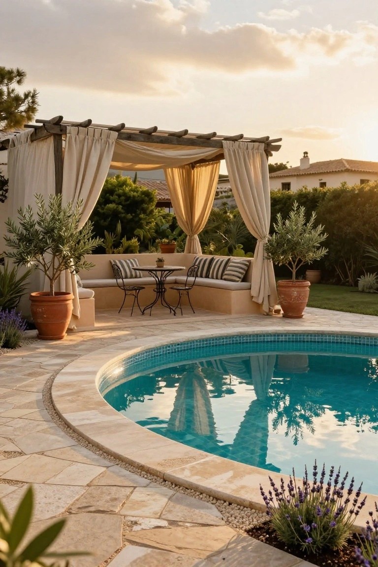 21 Inspiring Pool Deck Makeover Ideas You’ll Want to Try This Summer Curved turquoise pool edged by beige stone paving, with a wooden pergola draped in cream curtains enclosing a beige bench, iron table, and striped cushions, surrounded by potted olive trees and lavender plants.