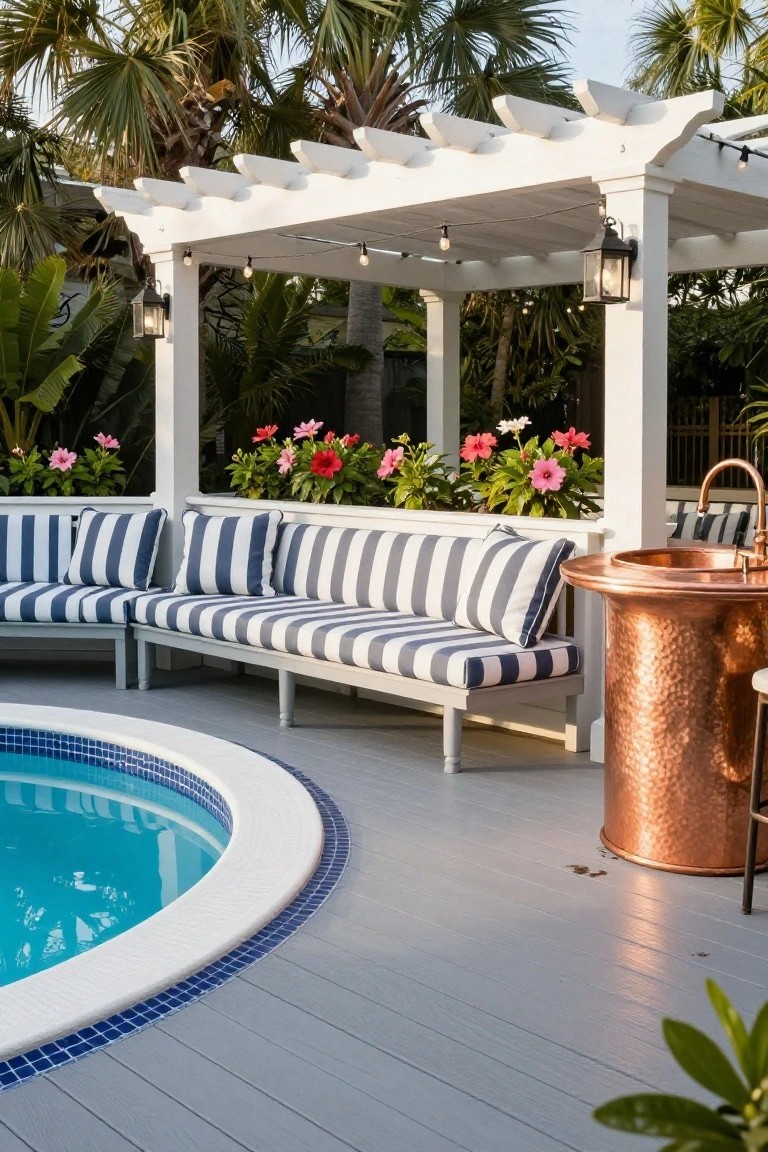 White pergola with string lights over L-shaped blue-and-white striped bench seating on a gray pool deck next to a round turquoise pool, with potted plants and a copper bar sink.