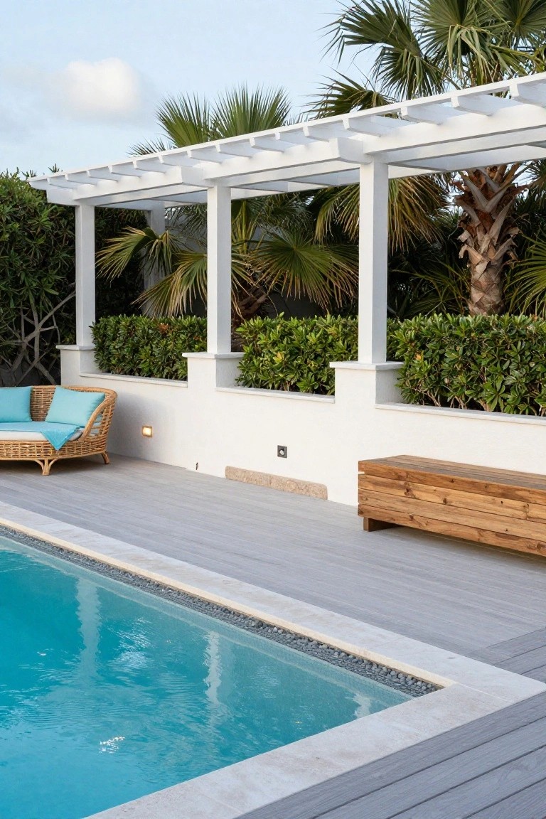Modern poolside patio with white pergola, turquoise water, and tropical greenery.