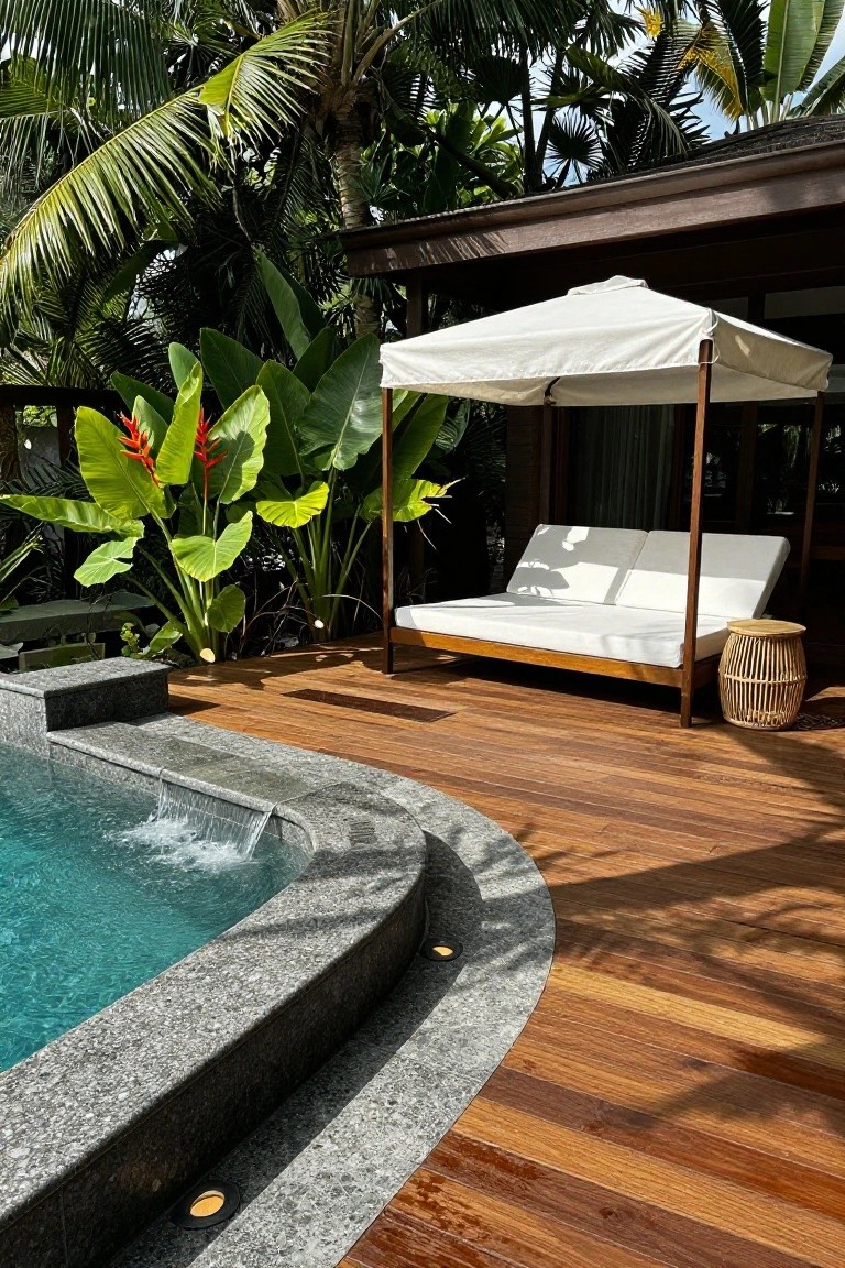 Wooden deck beside a curved granite-edged pool with turquoise water, featuring a white-canopied daybed with cushions, rattan side table, and surrounding tropical plants including heliconia.