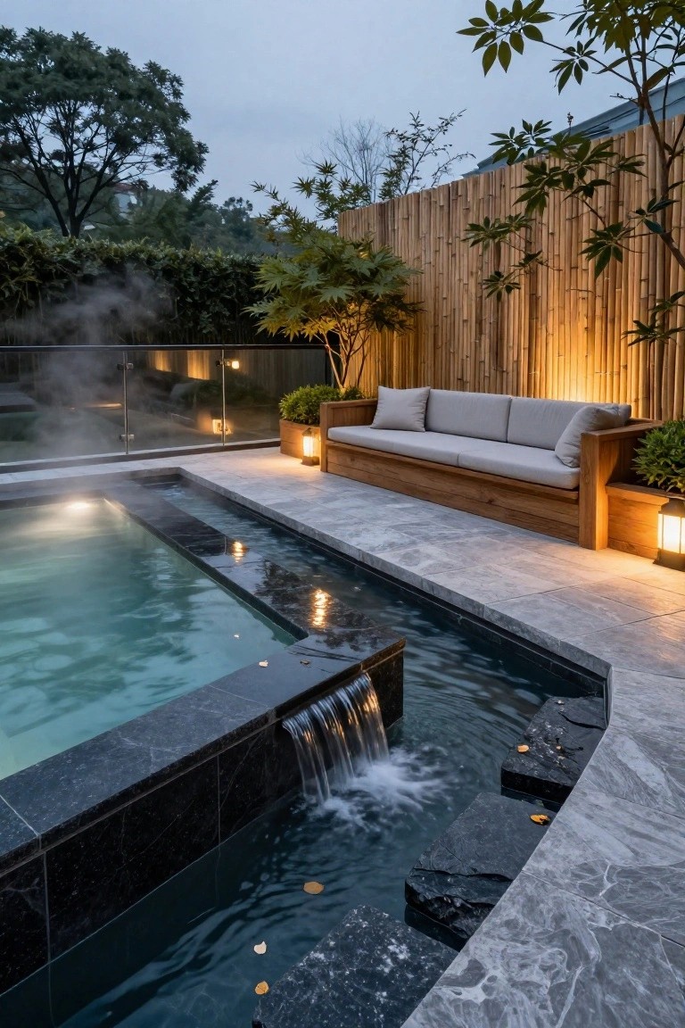 Outdoor pool deck at dusk with a dark stone raised ledge featuring a waterfall flowing into turquoise pool water, gray tiled surround, wooden bench seating against bamboo fence, glass-enclosed spa area, and potted plants.