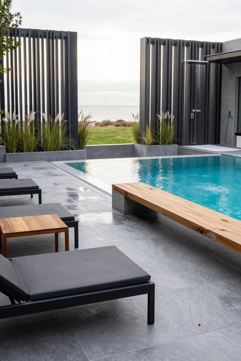 21 Inspiring Pool Deck Makeover Ideas You’ll Want to Try This Summer Outdoor pool deck featuring a rectangular infinity pool with turquoise water, a long wooden bench along one edge, gray sun loungers with black frames, a small teak side table, slatted metal privacy screens, tall ornamental grasses, an outdoor shower, and a view of grass and ocean beyond.